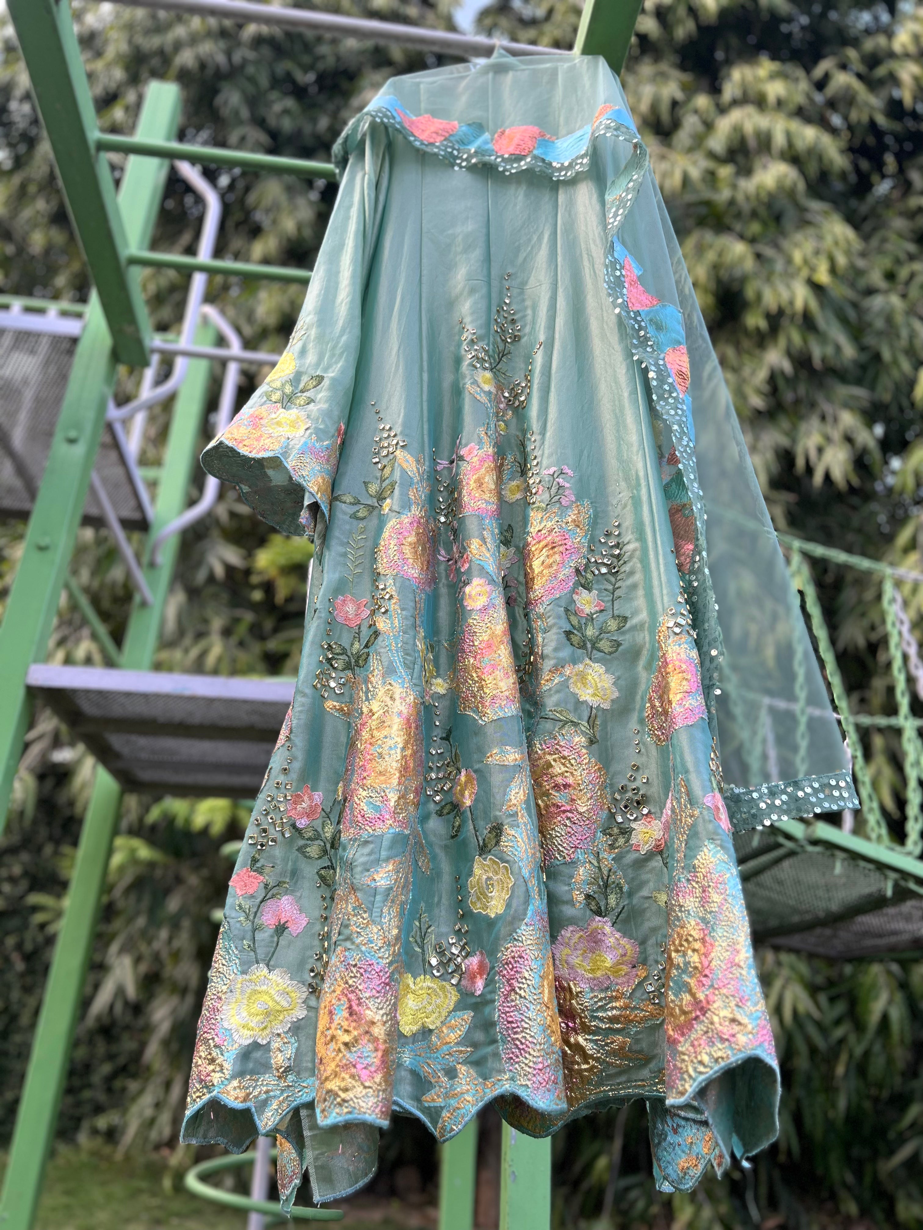 Mint Green Turk Brocade Soft Organza Tissue Anarkali
