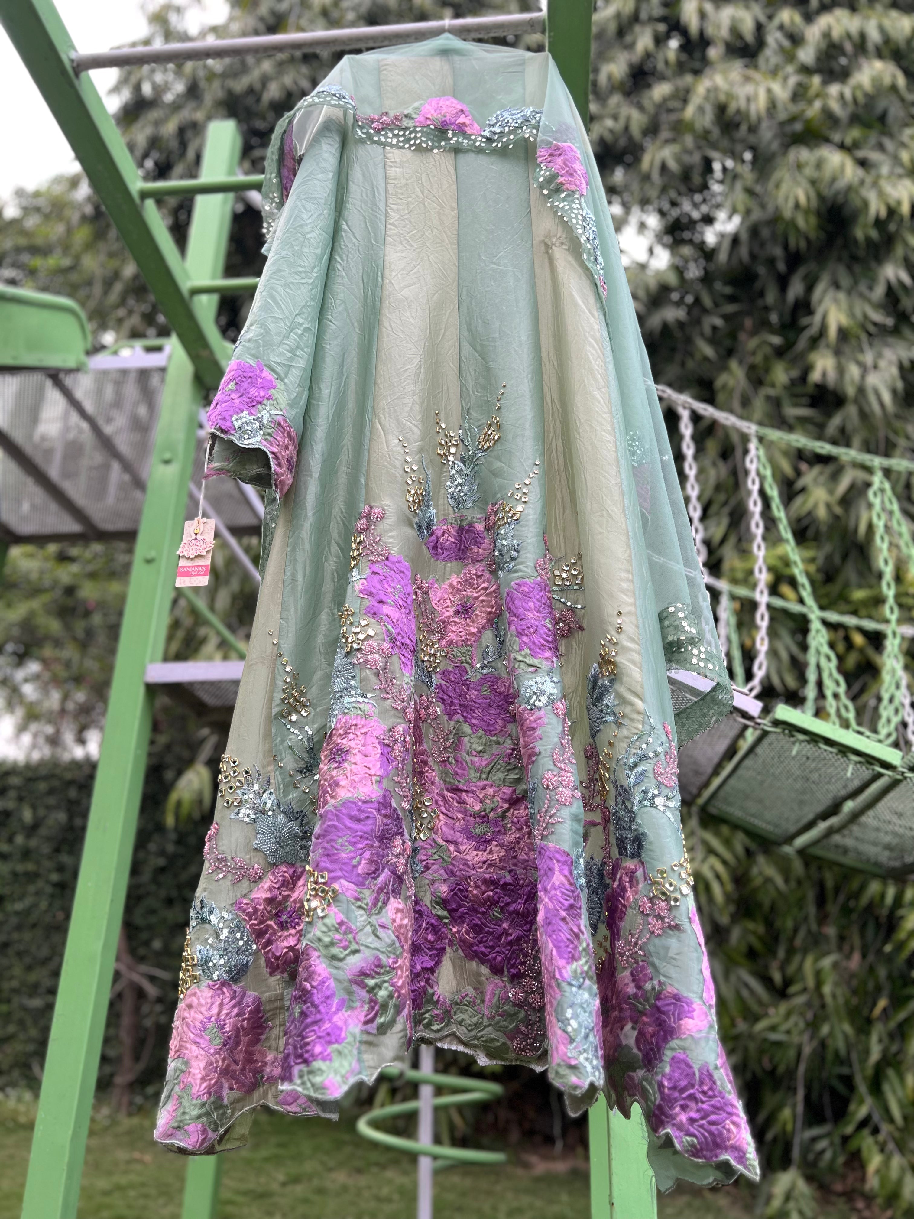 Green Crush Soft Tissue Purple Brocade Anarkali