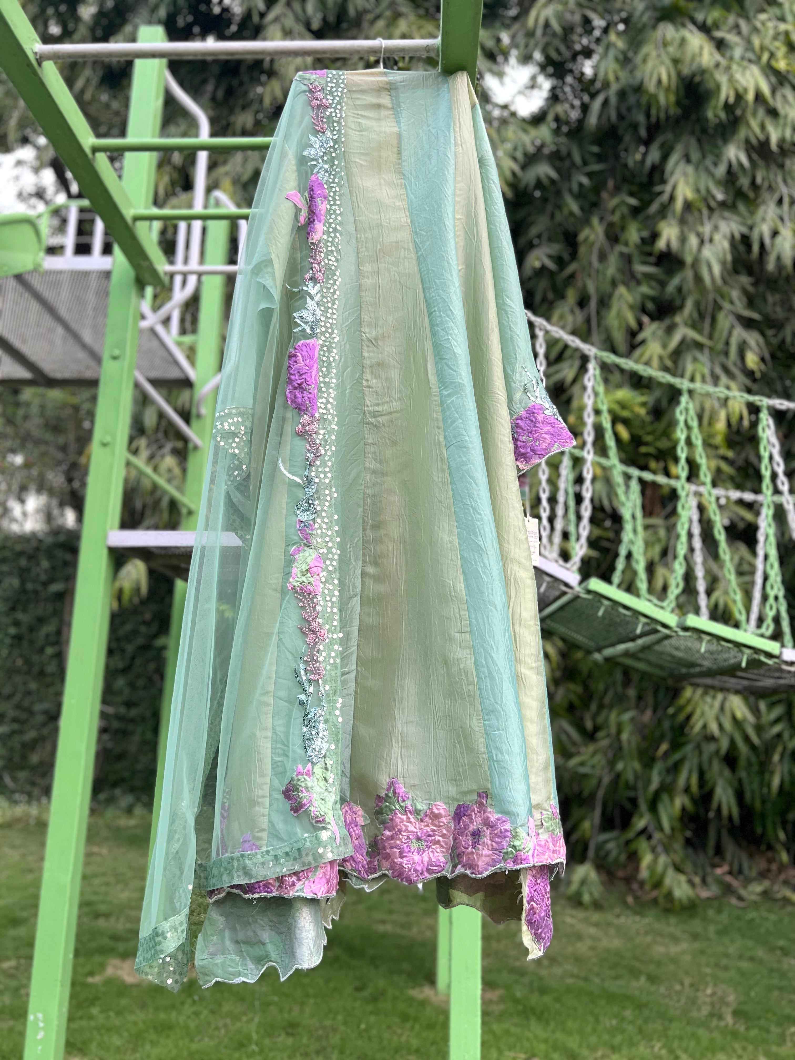 Green Crush Soft Tissue Purple Brocade Anarkali