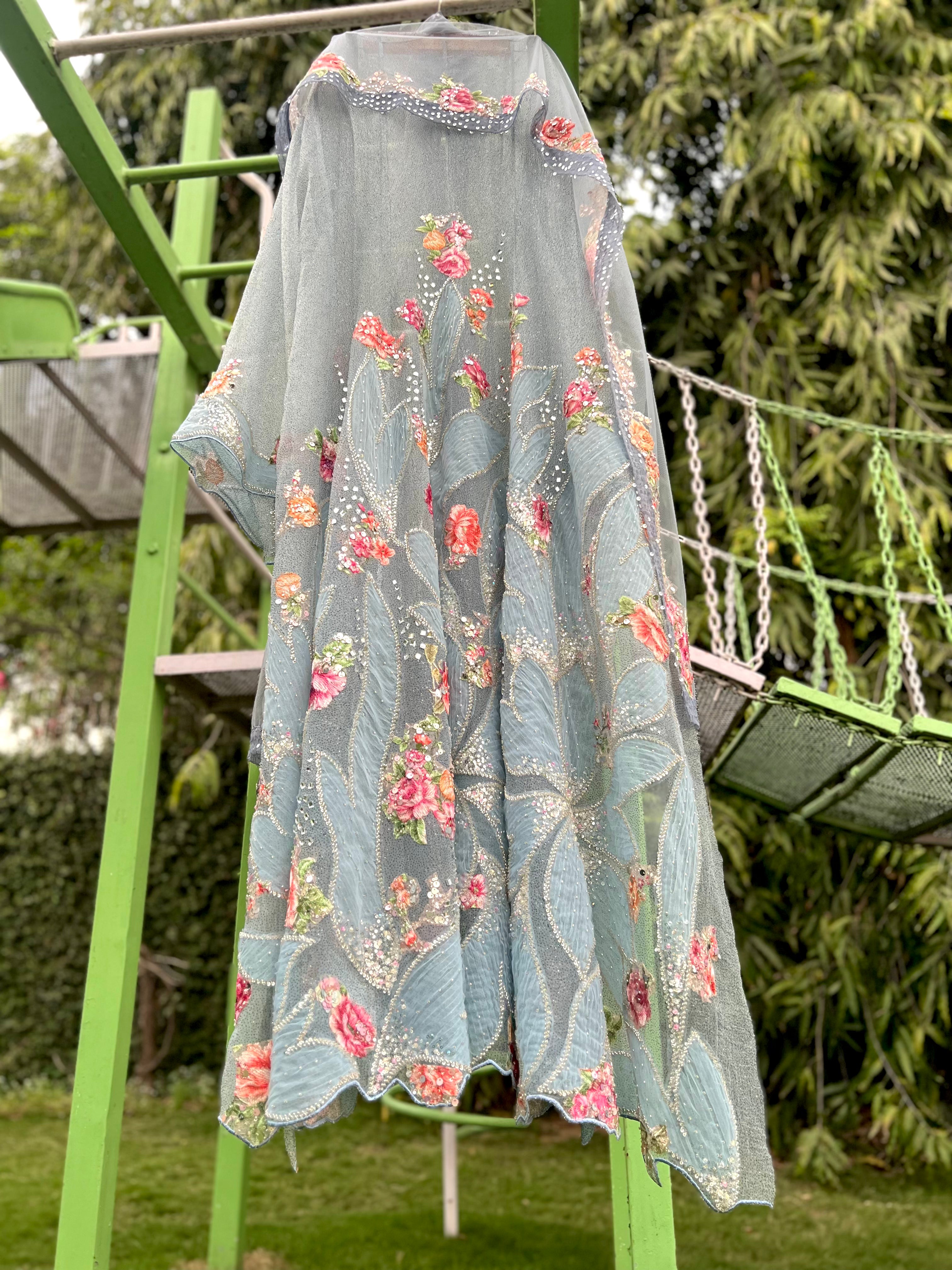 Blue Glitter Organza Net Pleated Anarkali