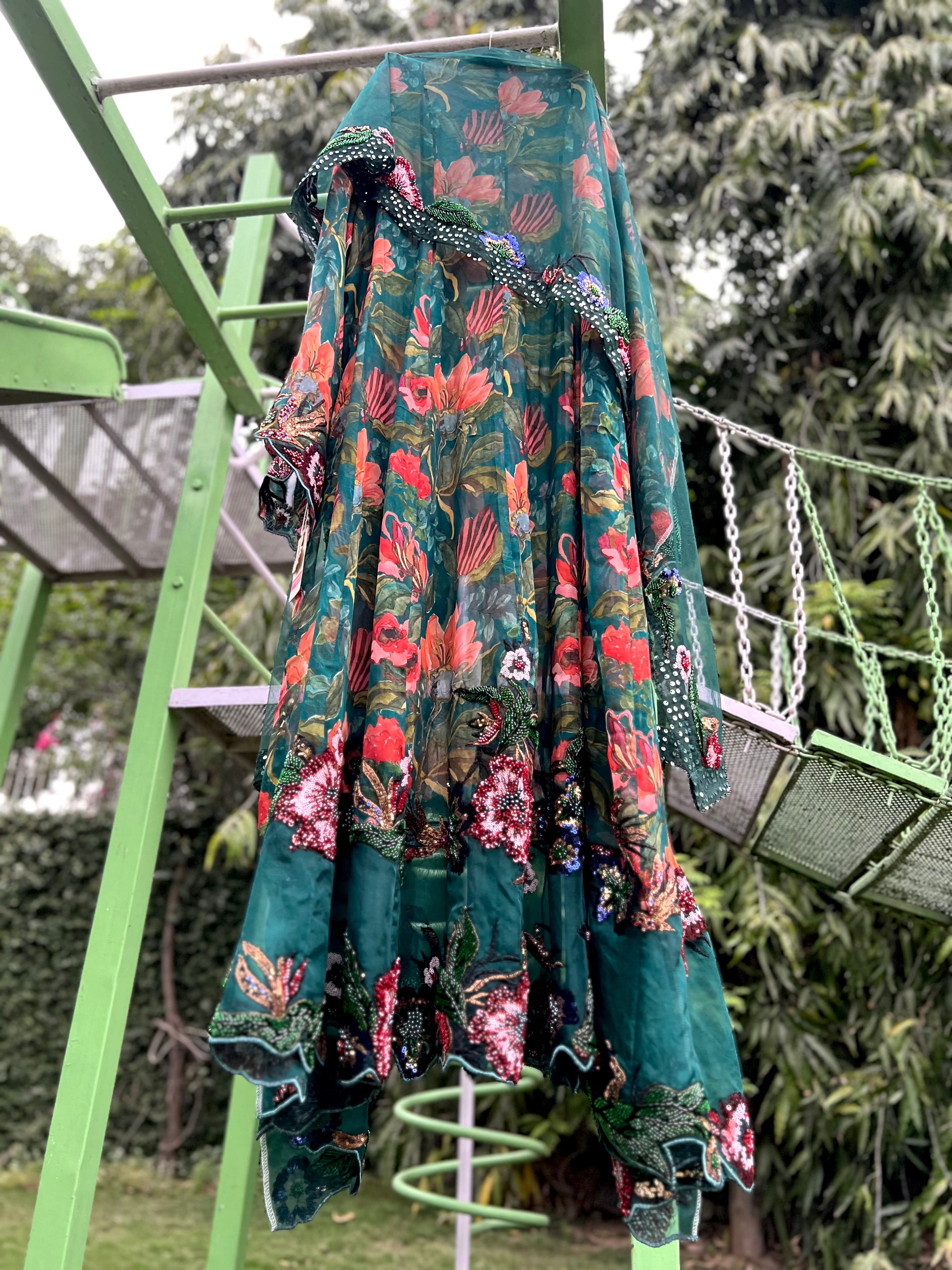 Green Printed Multi Organza Anarkali