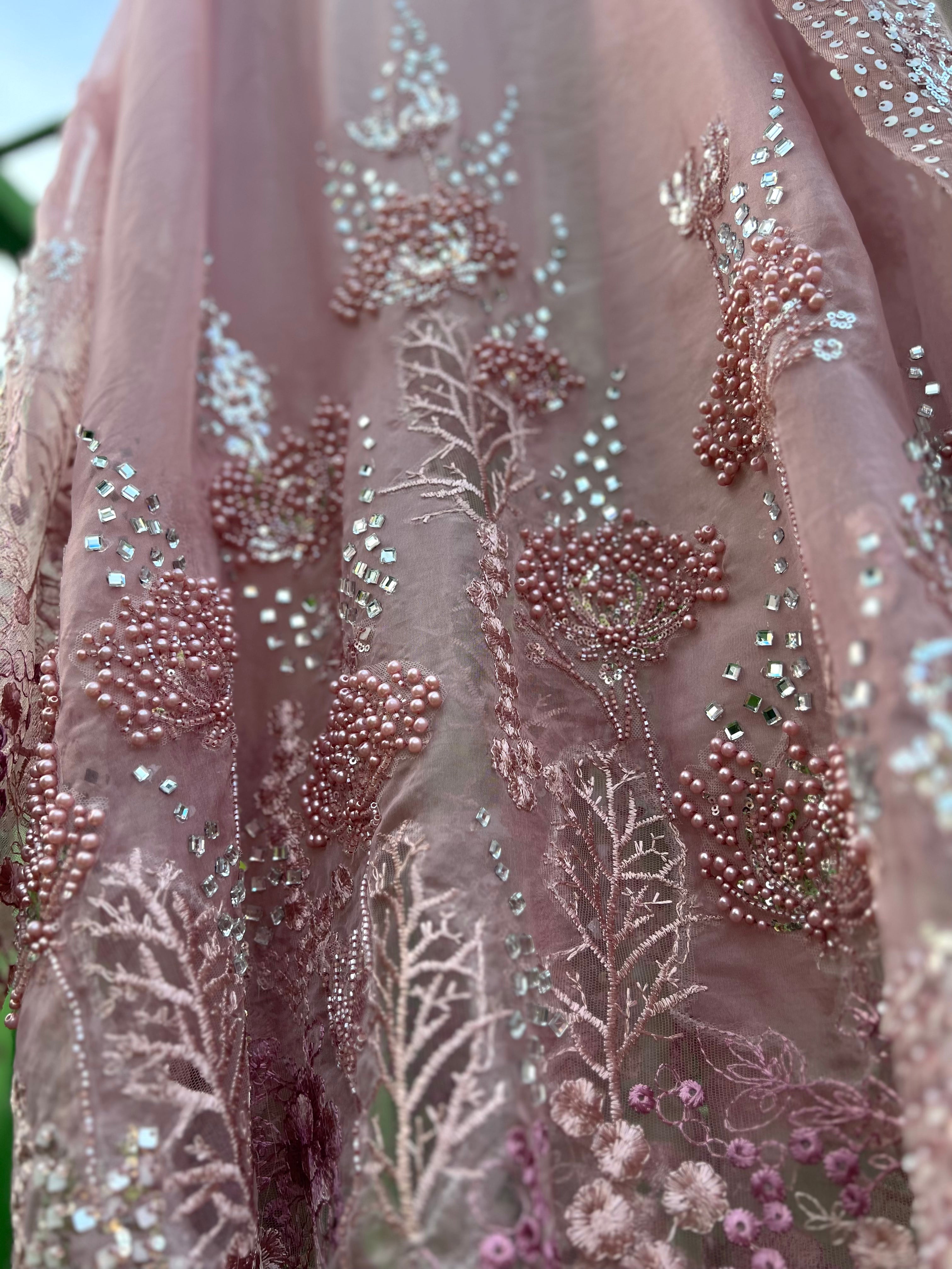 Pink Organza Aline Embroidered Border