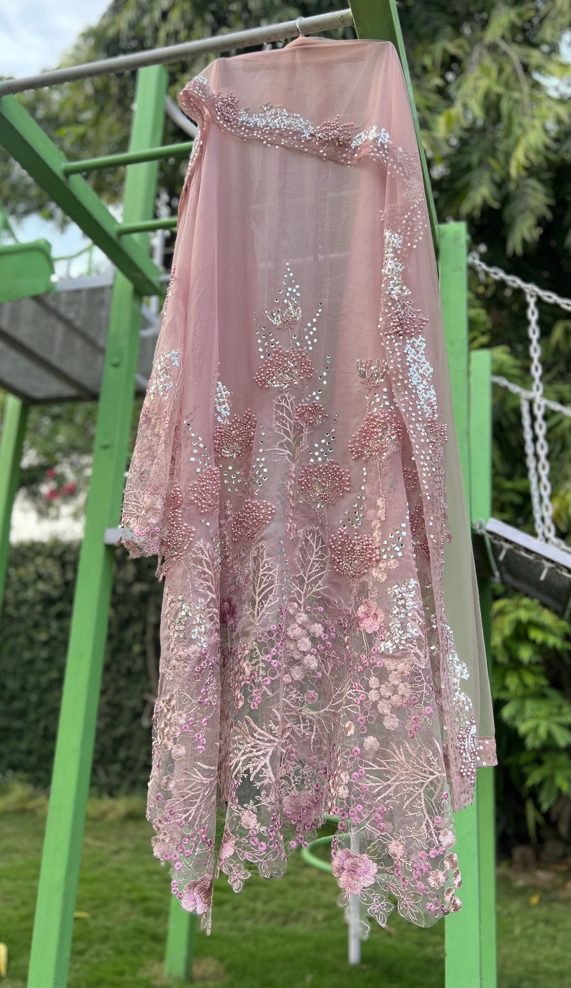 Pink Organza Aline Embroidered Border