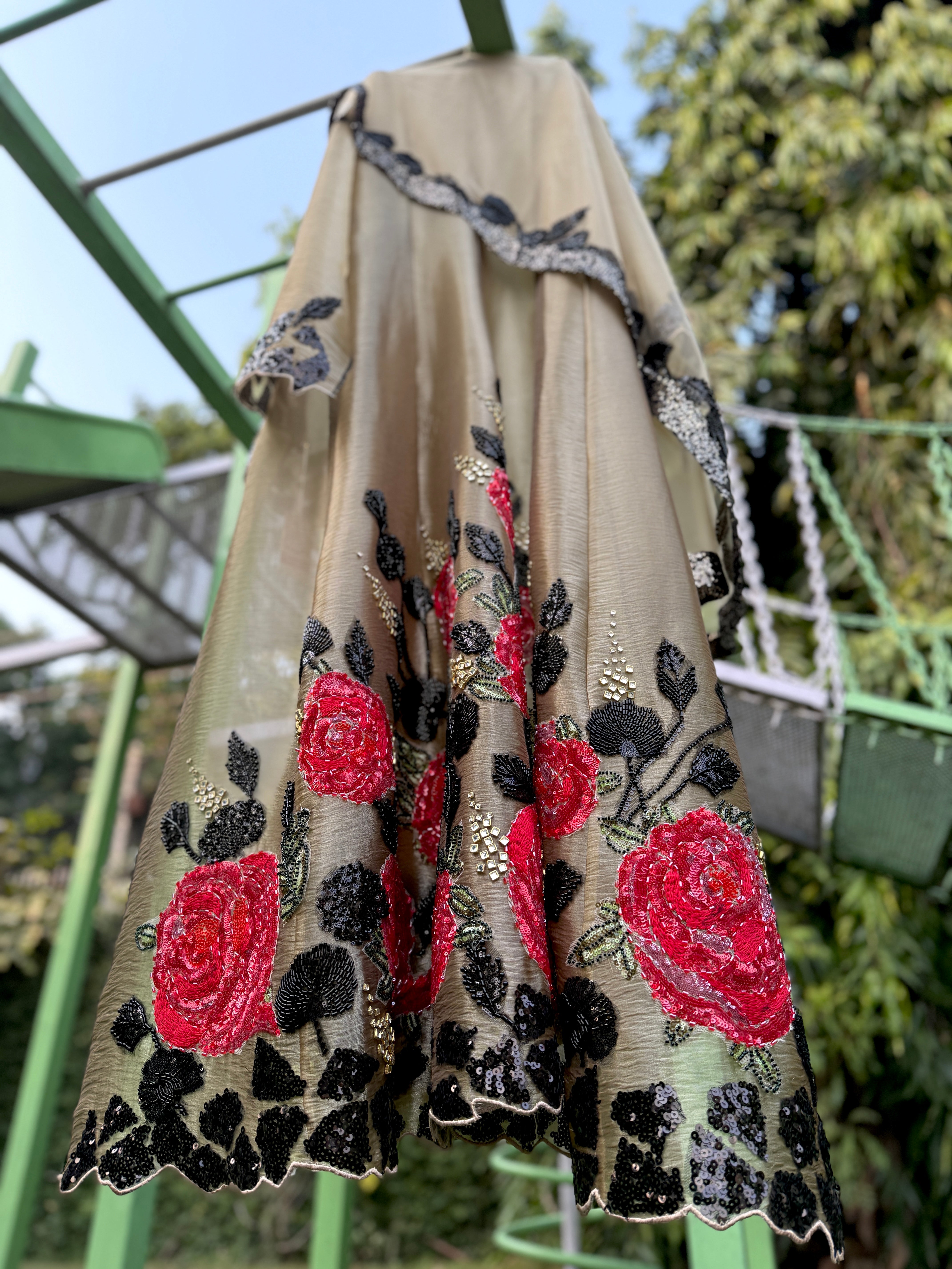 Antique Organza Tissue Red Rose Cutdana Anarkali