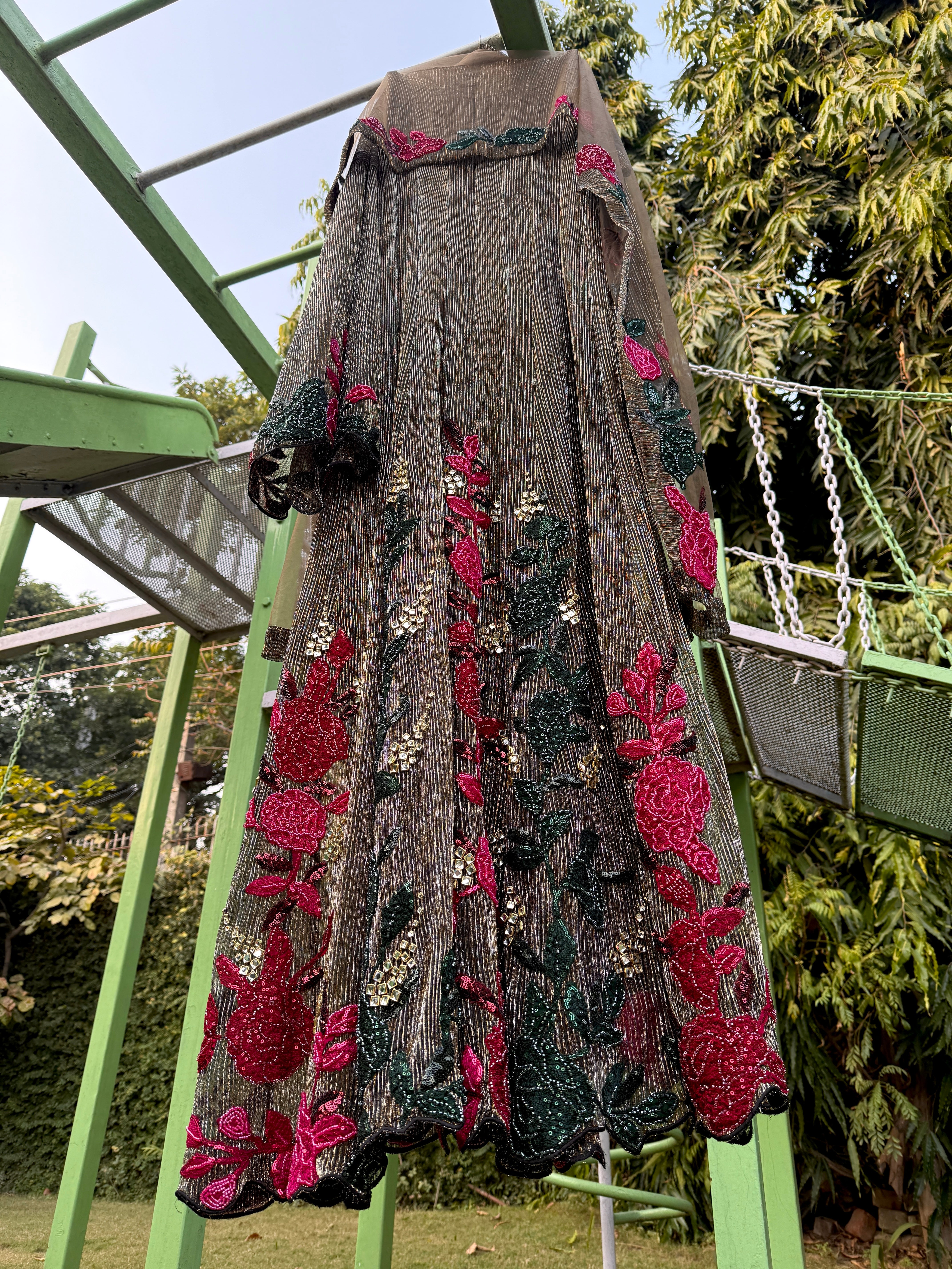 Antique Gold Pleated Maroon Fusia Green Anarkali