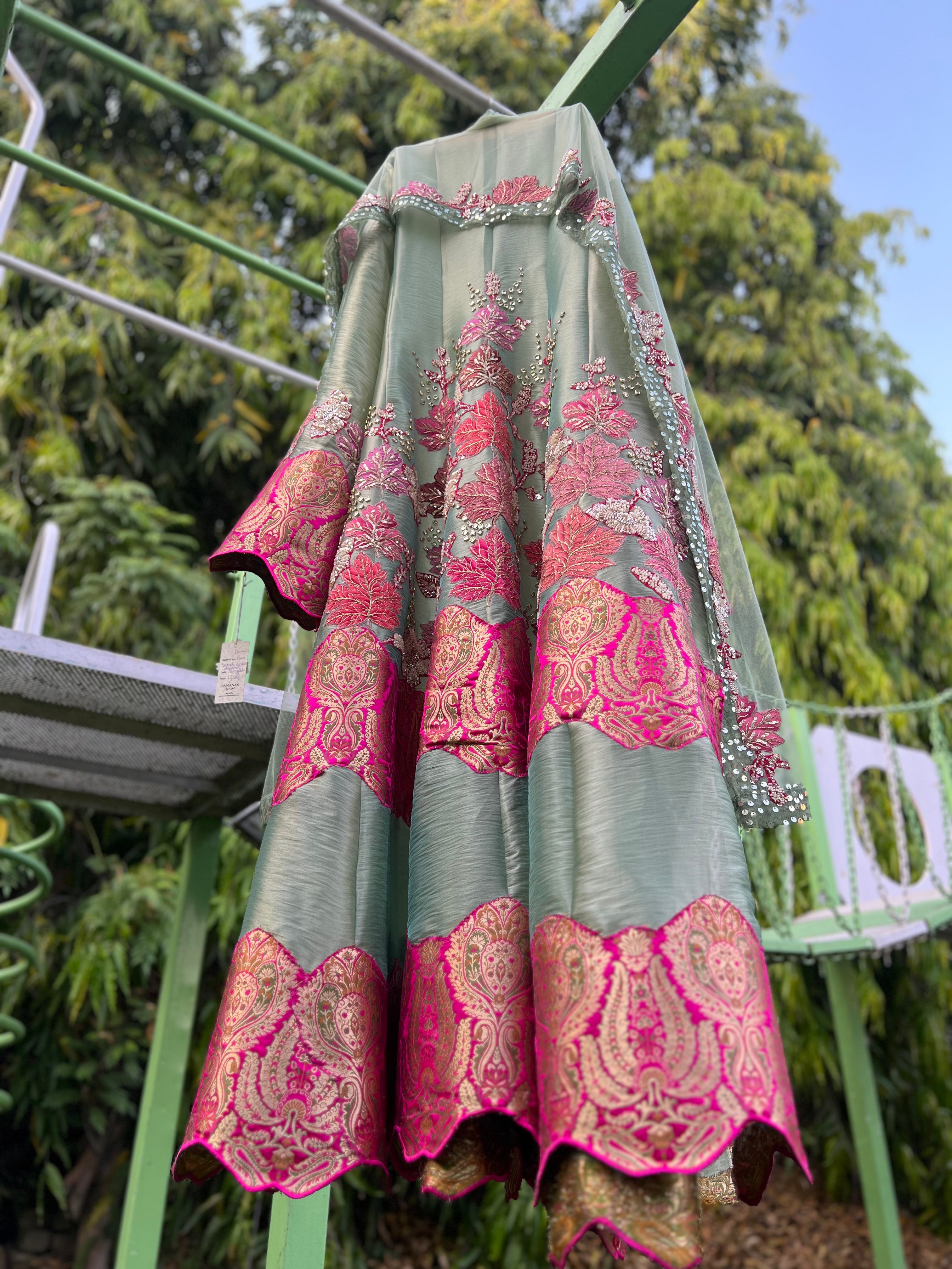 Green Rani Border Pink Leaf Organza Tissue Anarkali