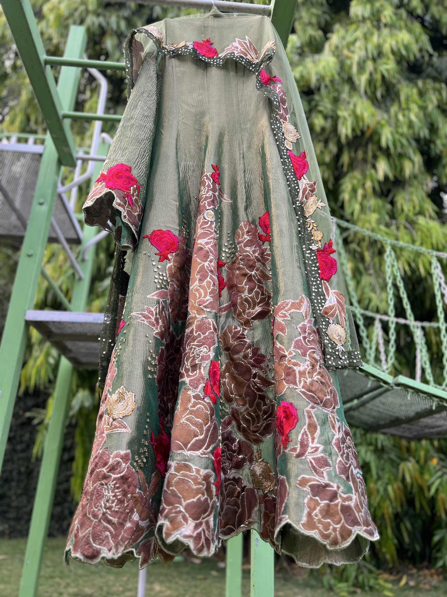 Green Mustard Brocade Fusia Floral Shimmering Strands Anarkali