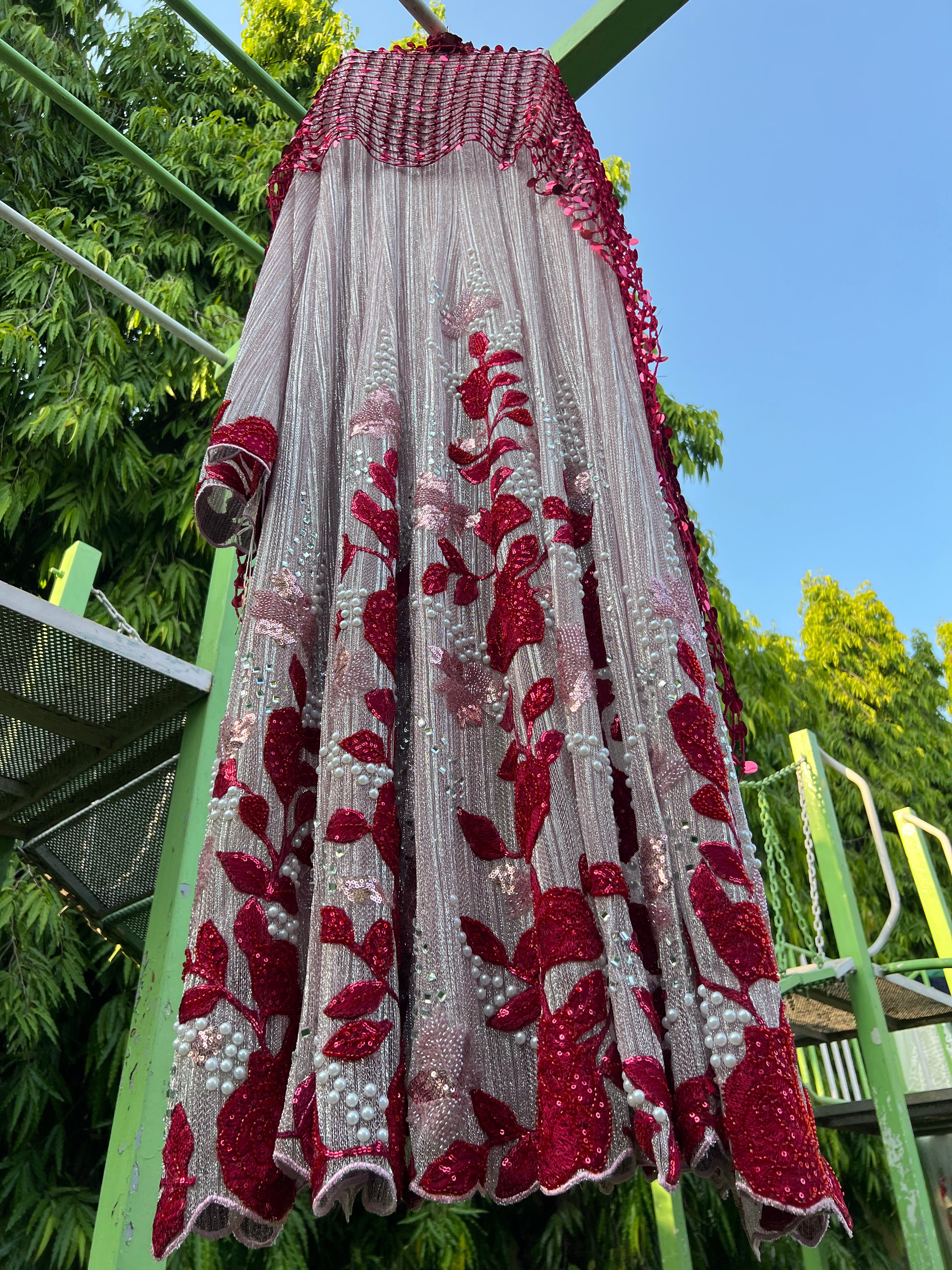 Light pink Shimmer Pleated Rani Pink Mesh dupatta Anarkali