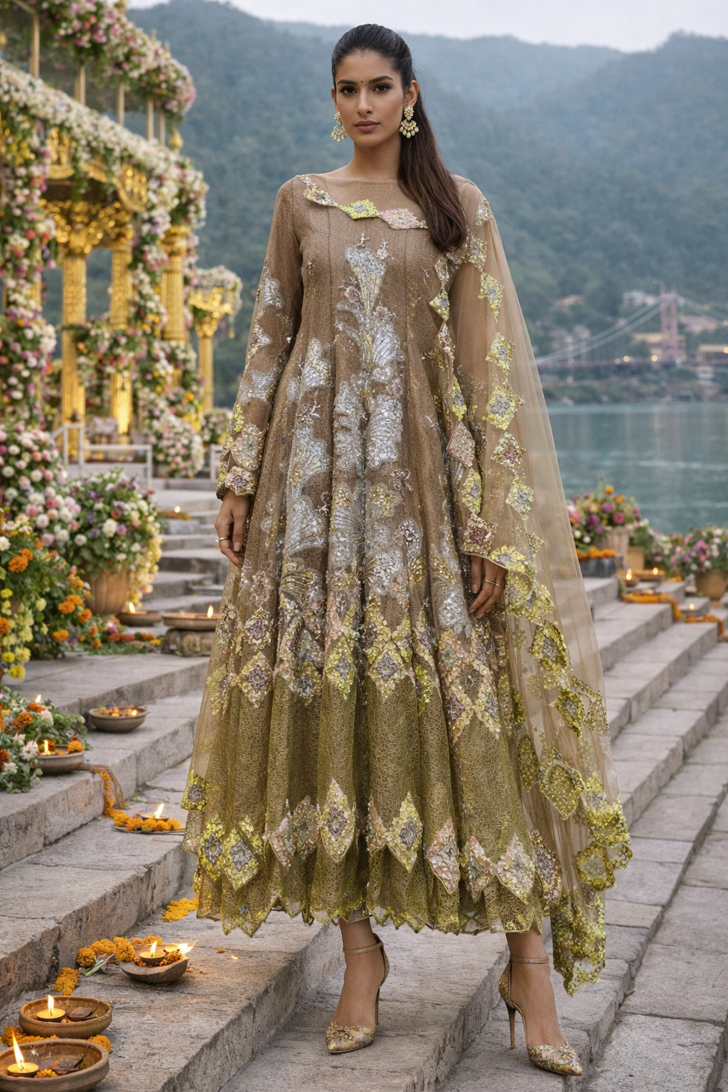 Gold Green Spider Mesh Cutdana Diamond Anarkali