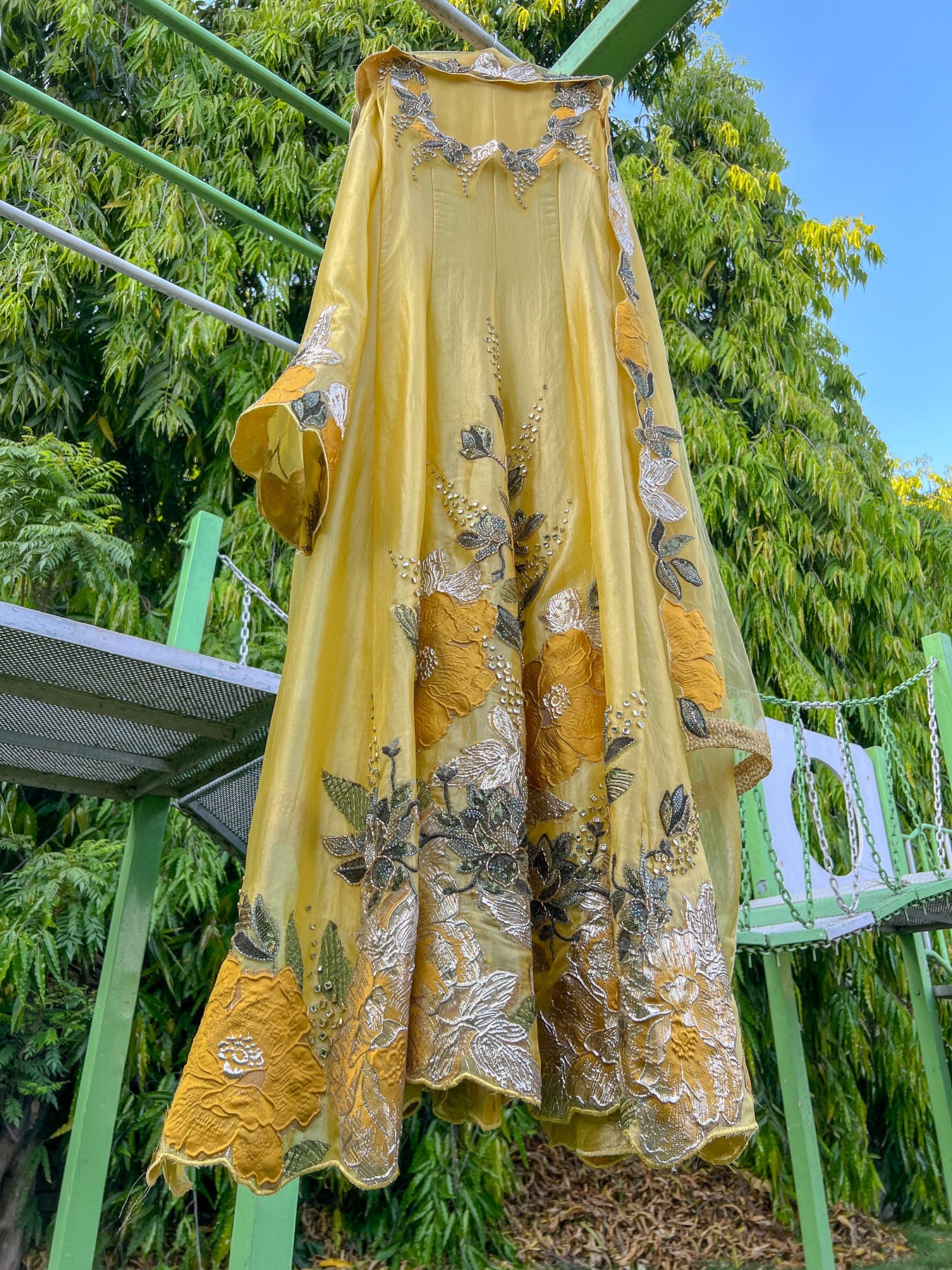 Yellow Mustard Green Brocade Soft Tissue Anarkali