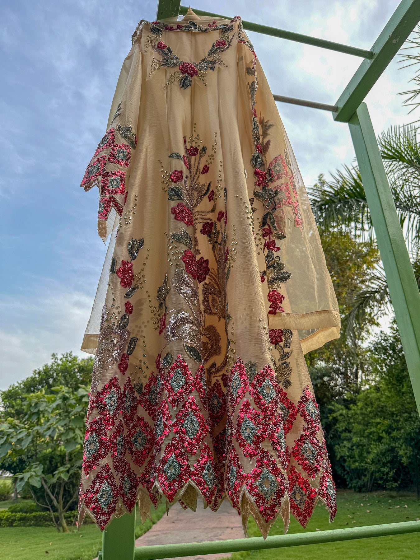 Gold Red Diamond Organza Tissue Anarkali