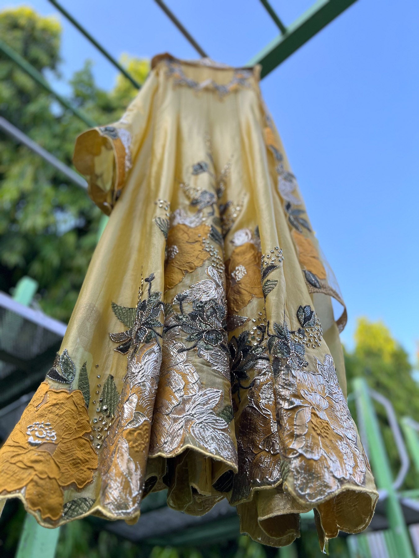 Yellow Mustard Green Brocade Soft Tissue Anarkali