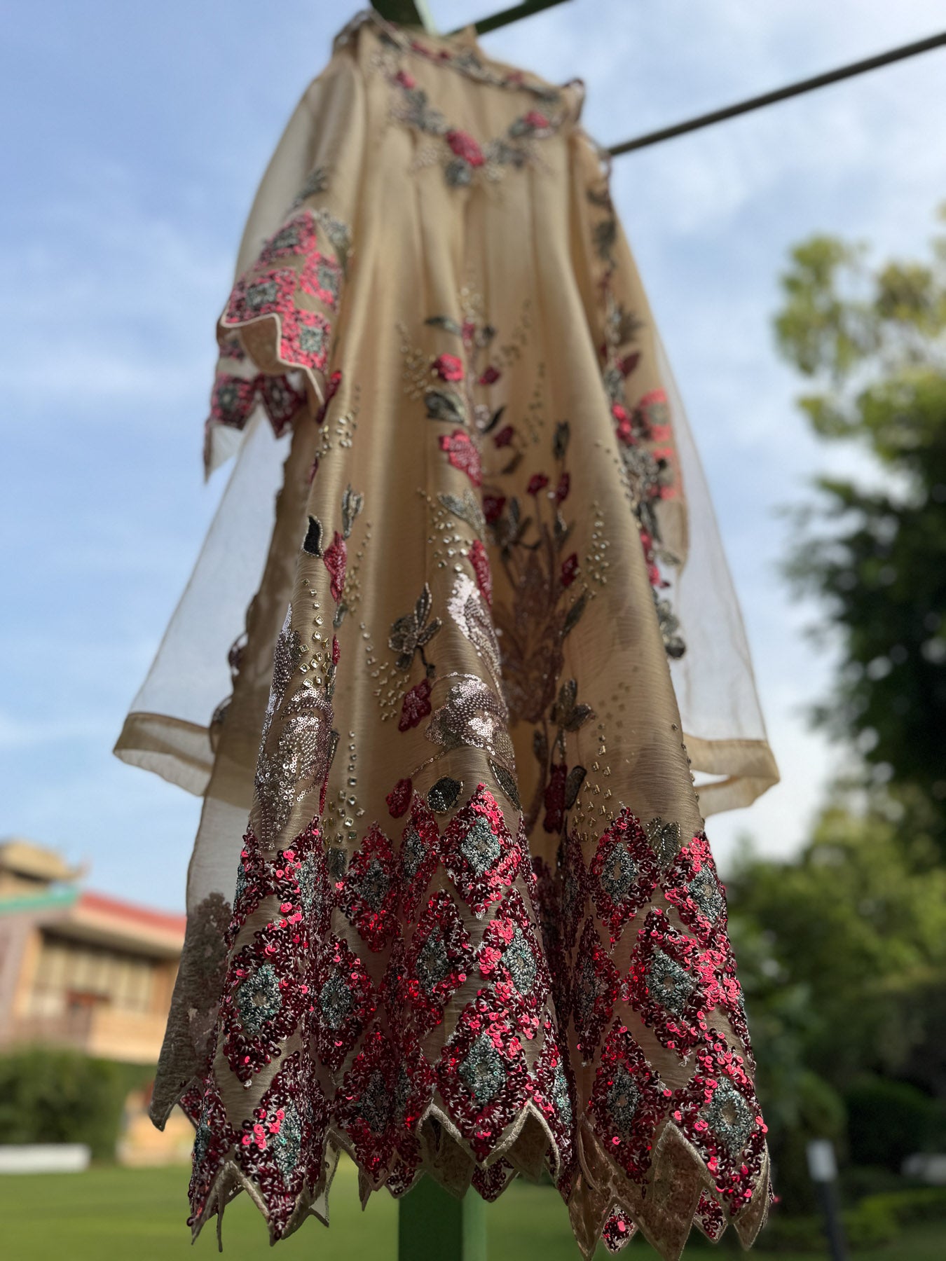 Gold Red Diamond Organza Tissue Anarkali
