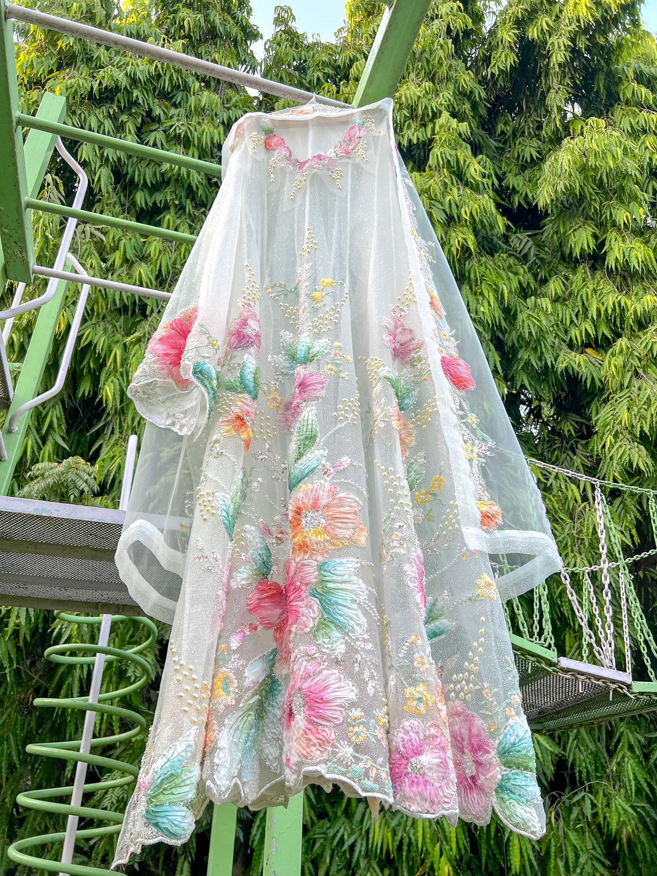 White Glitter Ribbon Printed Organza Anarkali